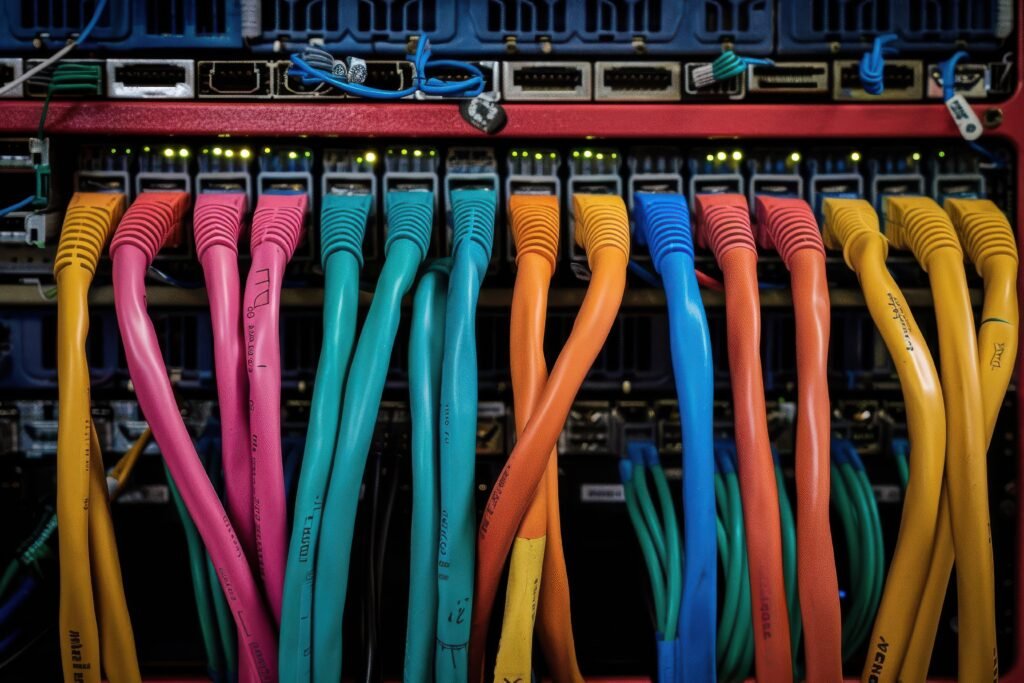 Colorful Network Cables Connected to a Server Rack in a Modern Data Center