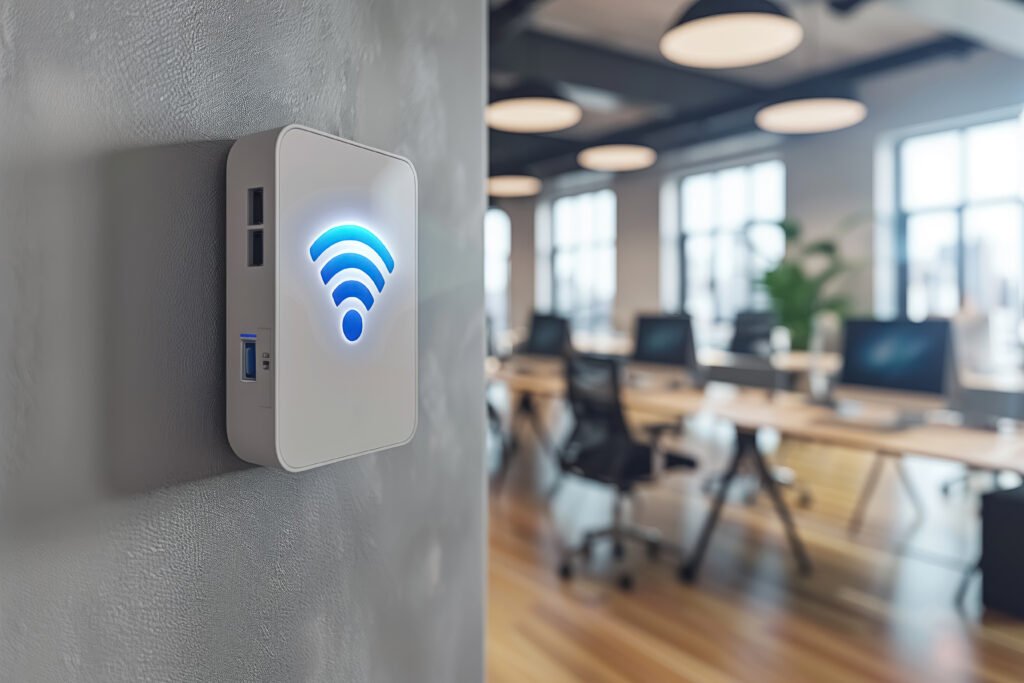 White router with blue Wi-Fi symbol hangs on wall of bright, well-lit modern coworking office with furniture desks, computers, blurry background