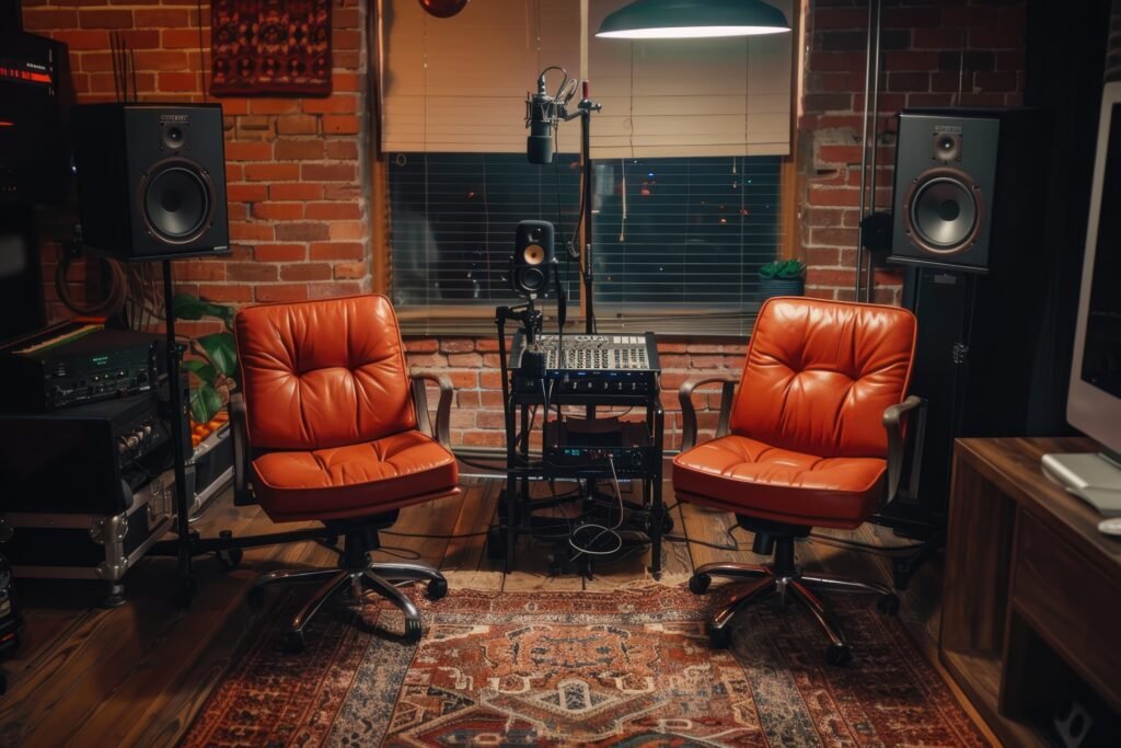 a cozy podcast studio with two chairs and two microphones