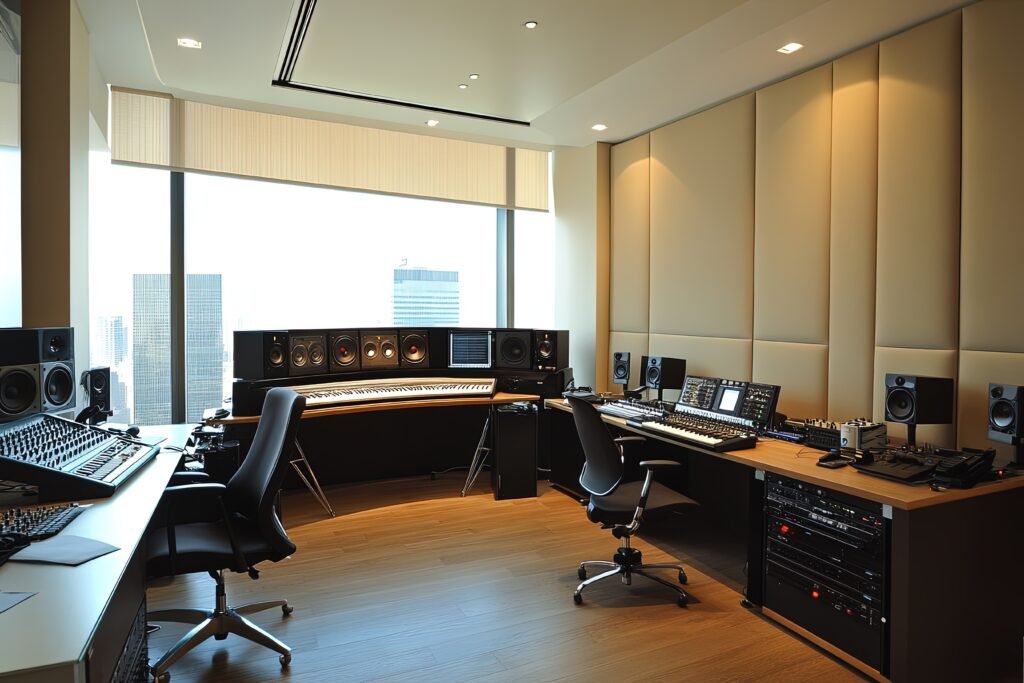 a recording studio with a lot of equipment