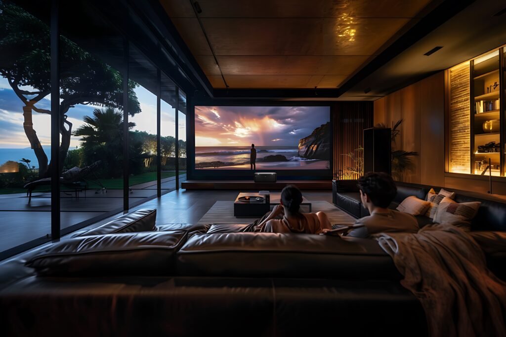 arafed view of a woman sitting on a couch in front of a large screen tv